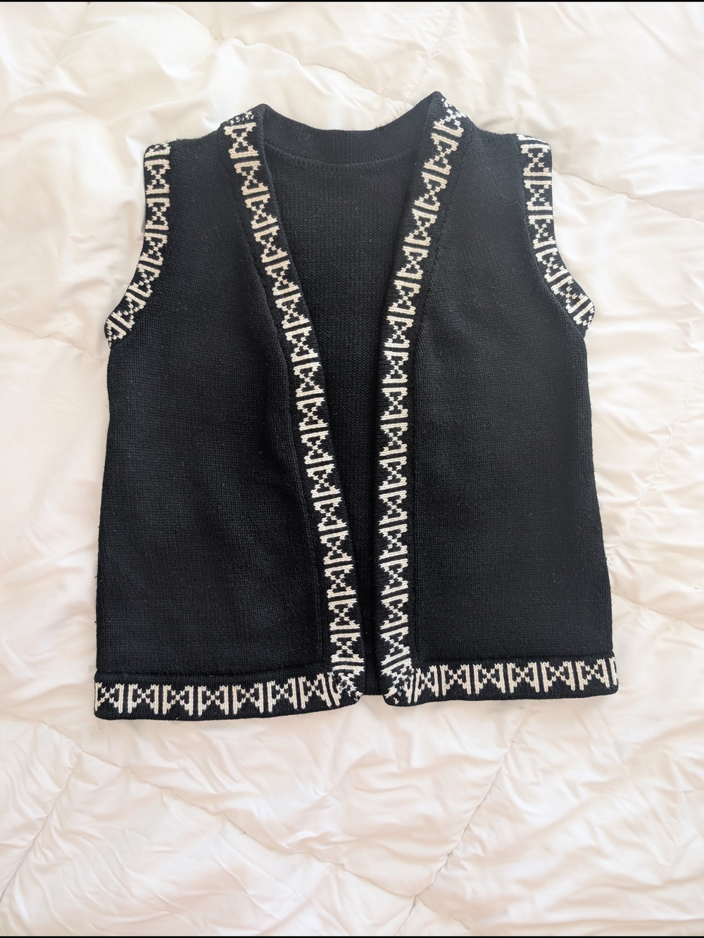 Vintage Retro Black & White Knit Sweater Vest | Geometric Trim